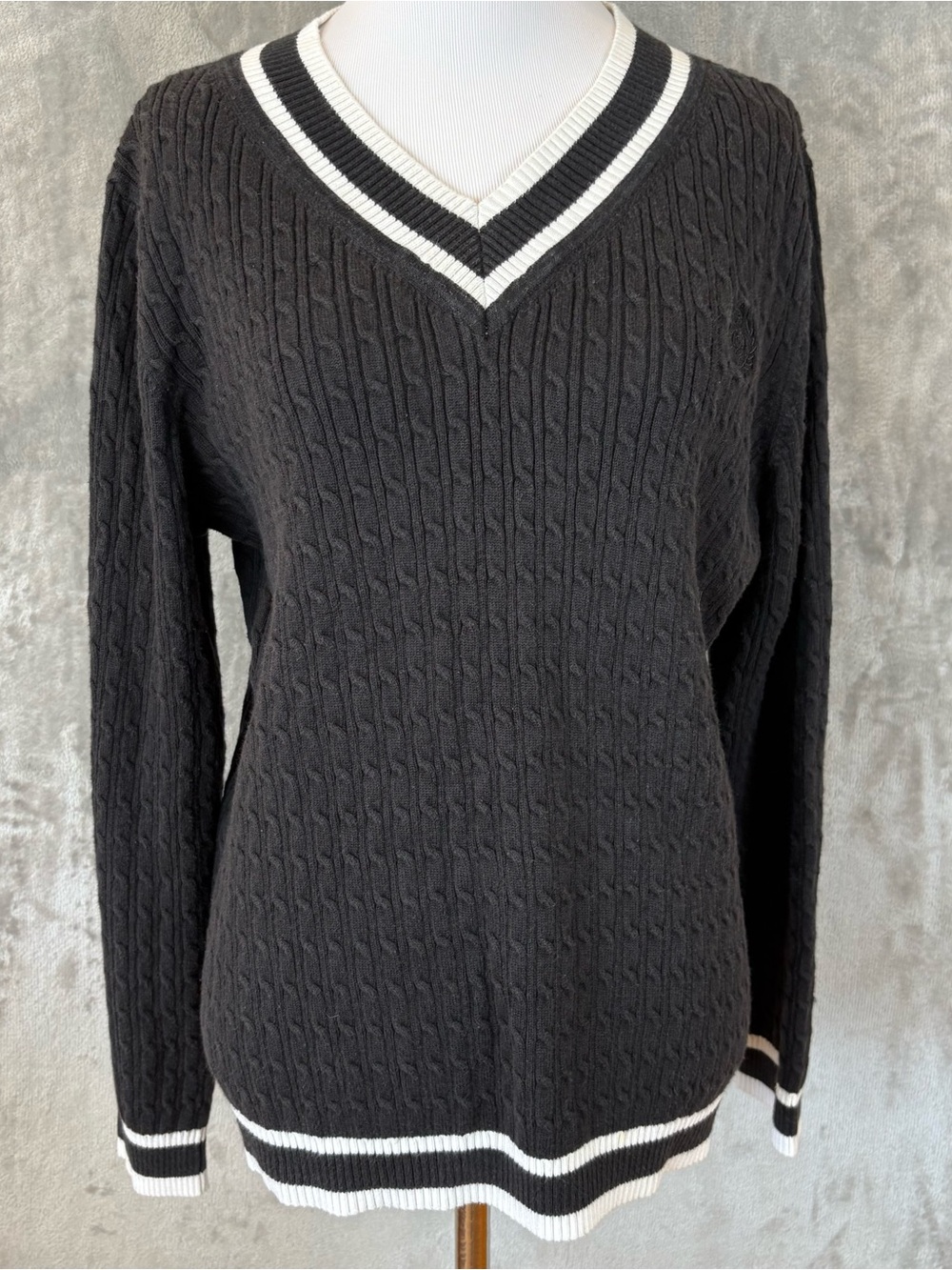 Liz Claiborne Vintage Cable Knit Varsity Sweater Black White V-Neck Wmn’s XL